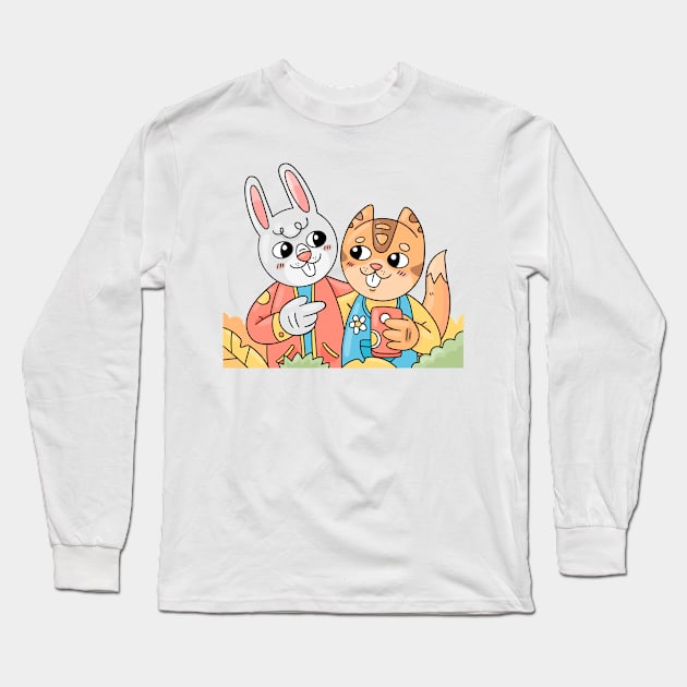 Rabbit Tiger Friend Long Sleeve T-Shirt by Mako Design 